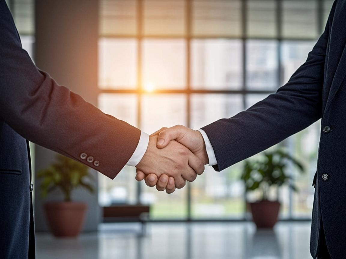 Business partners shaking hands in a modern corporate office